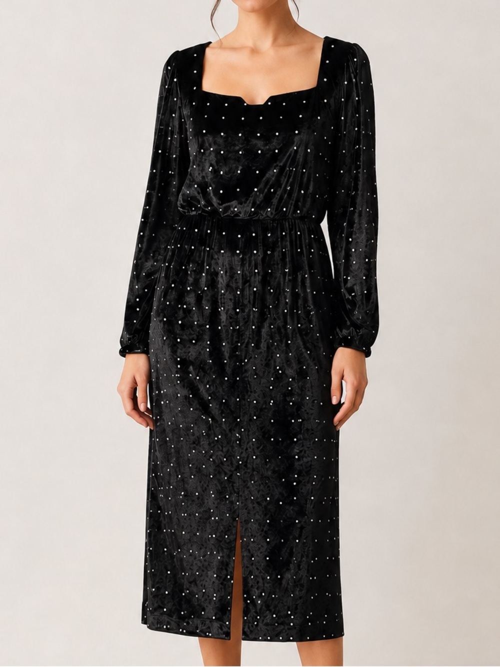 8 by YOOX Black Velvet Rhinestone Long Sleeve Midi Dress IT 42 US 6